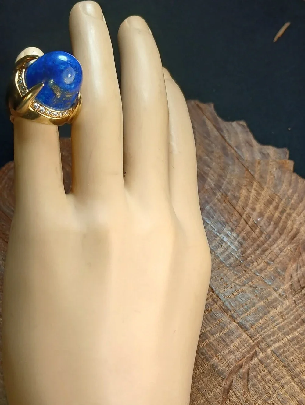 Gold-Tone Lapis Lazuli Statement Ring with Pavé Accents Size 5
